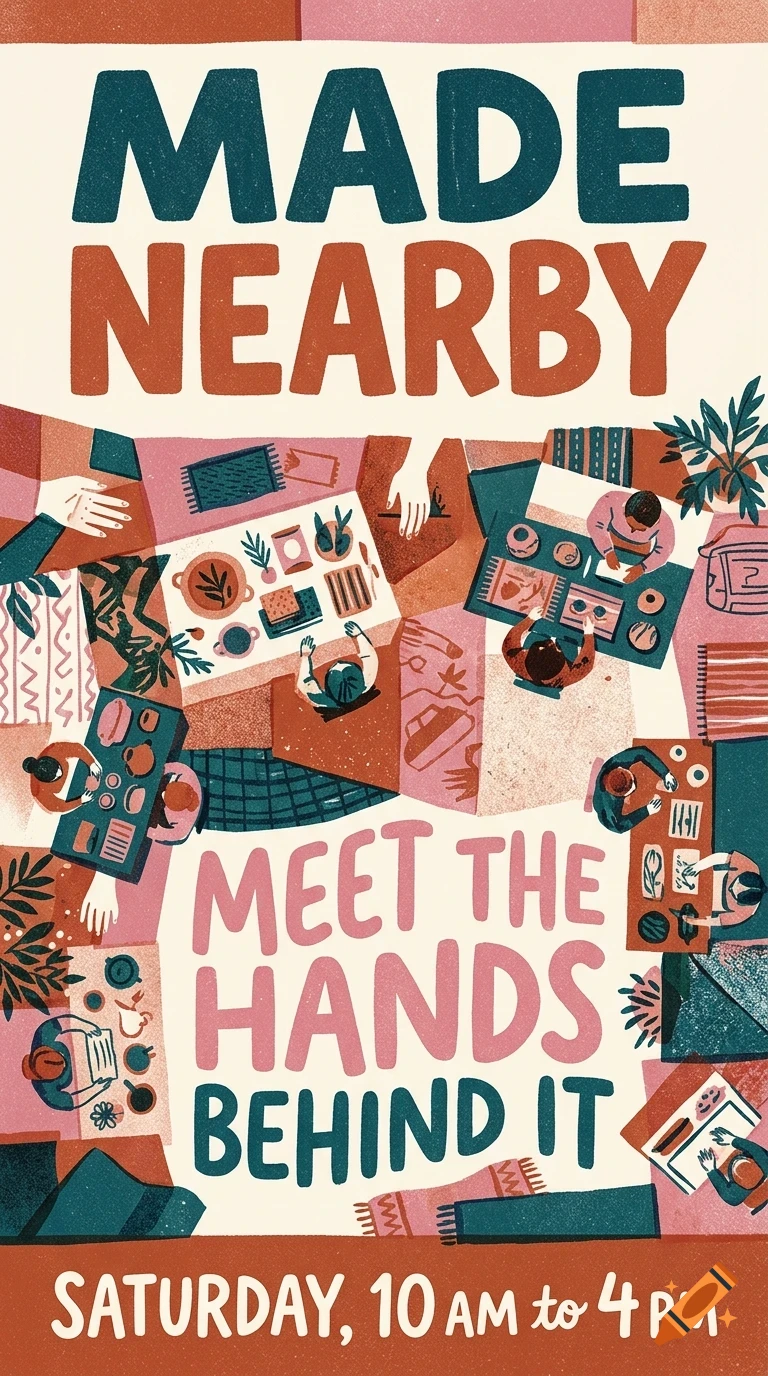 An illustrated poster with lettering reading "MADE NEARBY, MEET THE HANDS BEHIND IT, SATURDAY, 10 AM to 4 PM" and an aerial view of people crafting at tables.