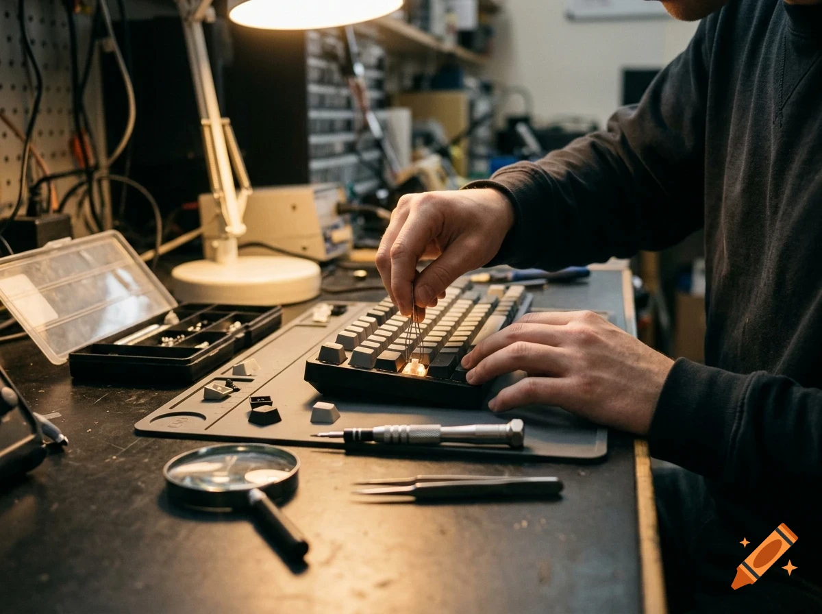 A person working at a desk, carefully assembling or repairing a mechanical keyboard with tools.