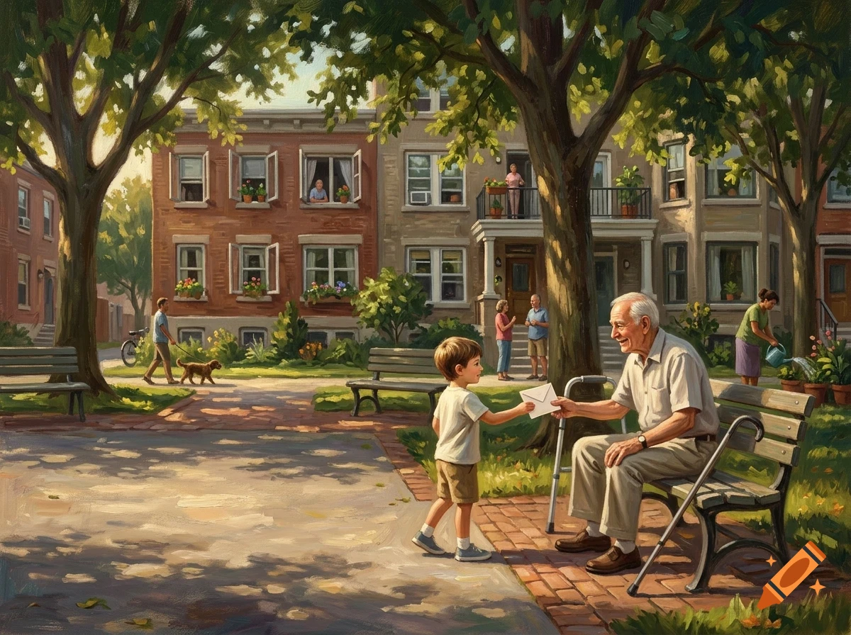An oil painting of a young boy handing an envelope to an elderly man sitting on a park bench in front of brick apartment buildings.
