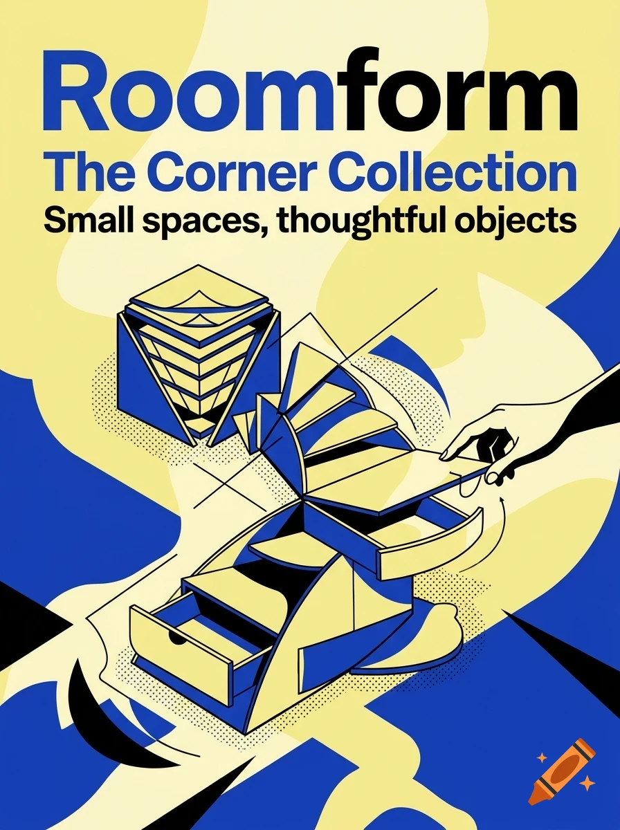 An illustrated poster for Roomform featuring a hand interacting with a geometric cabinet design and text reading The Corner Collection.