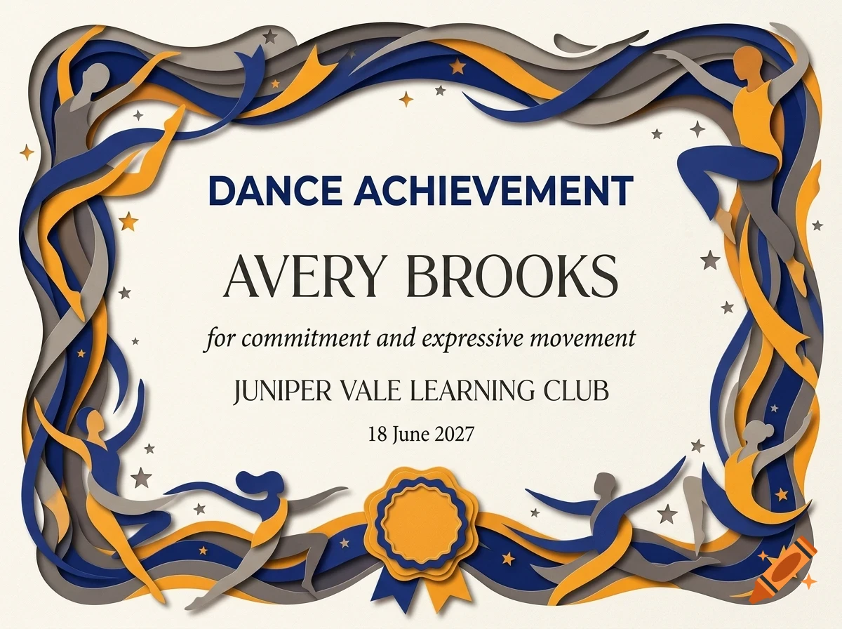 A dance achievement certificate awarded to Avery Brooks with layered paper-cut style border featuring dancing figures.