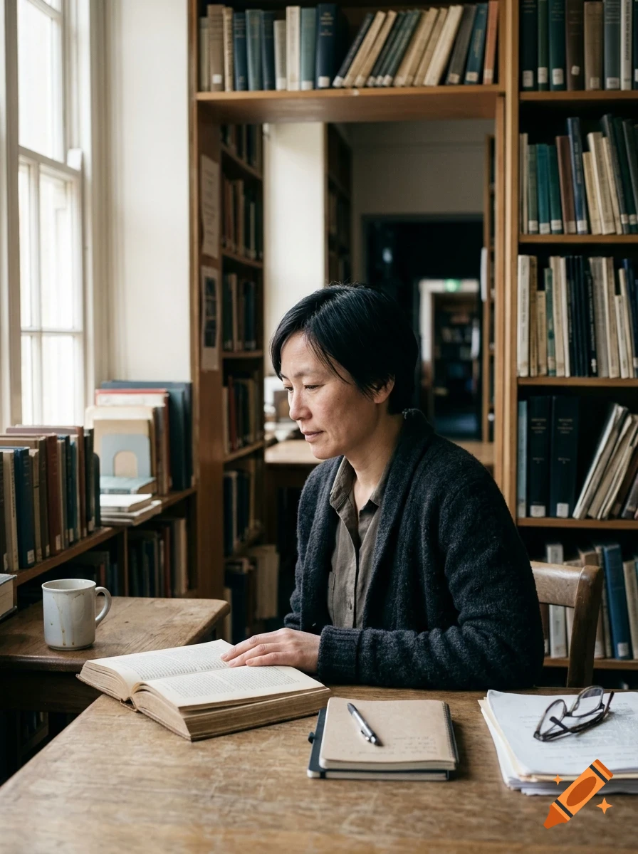 A woman with short dark hair sits at a wooden table in a library, reading an open book.