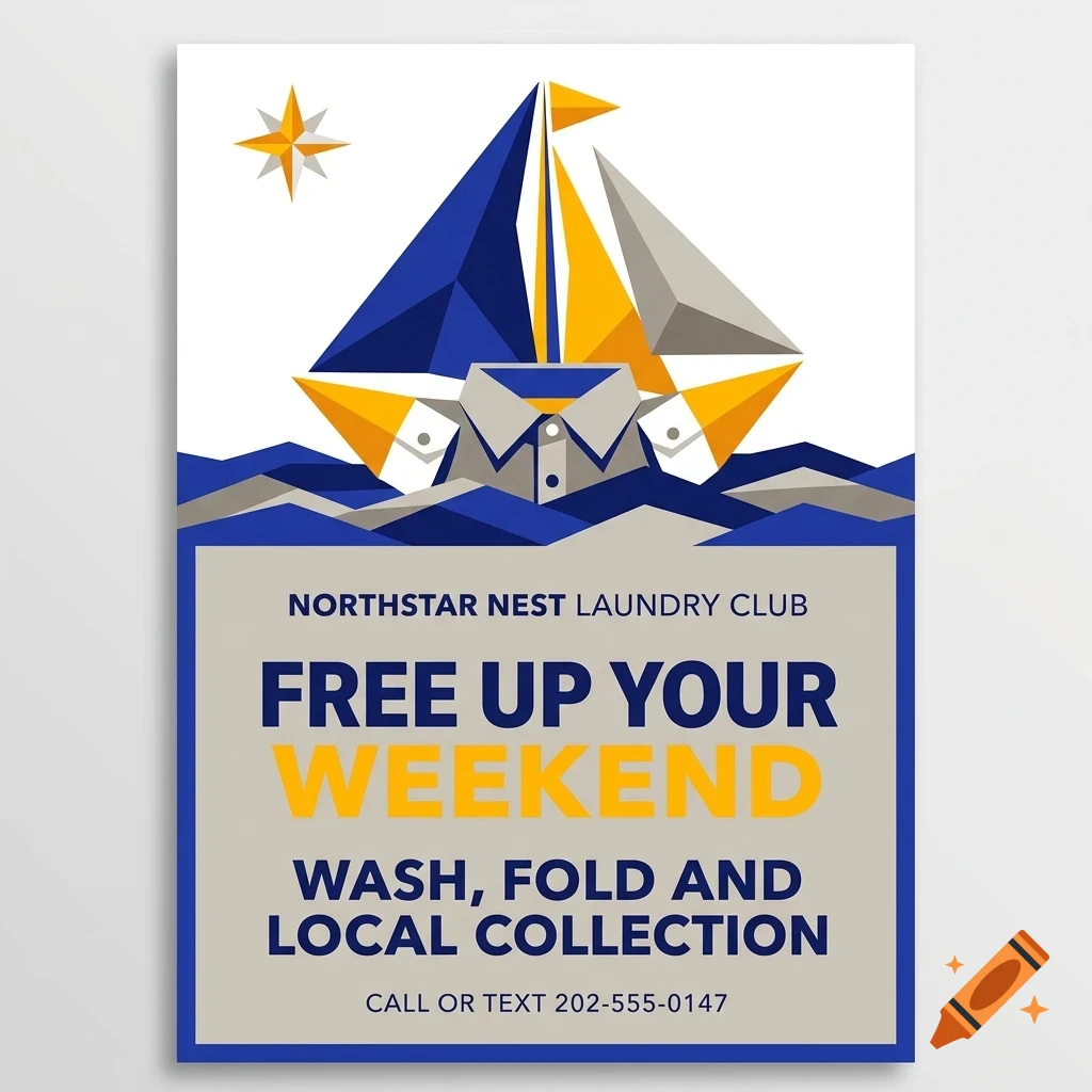 A poster for Northstar Nest Laundry Club featuring a stylized sailboat made from a button-down shirt and text reading Free up your weekend.