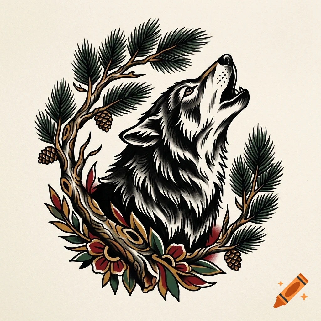 An illustration of a howling wolf framed by pine branches, cones, and flowers.