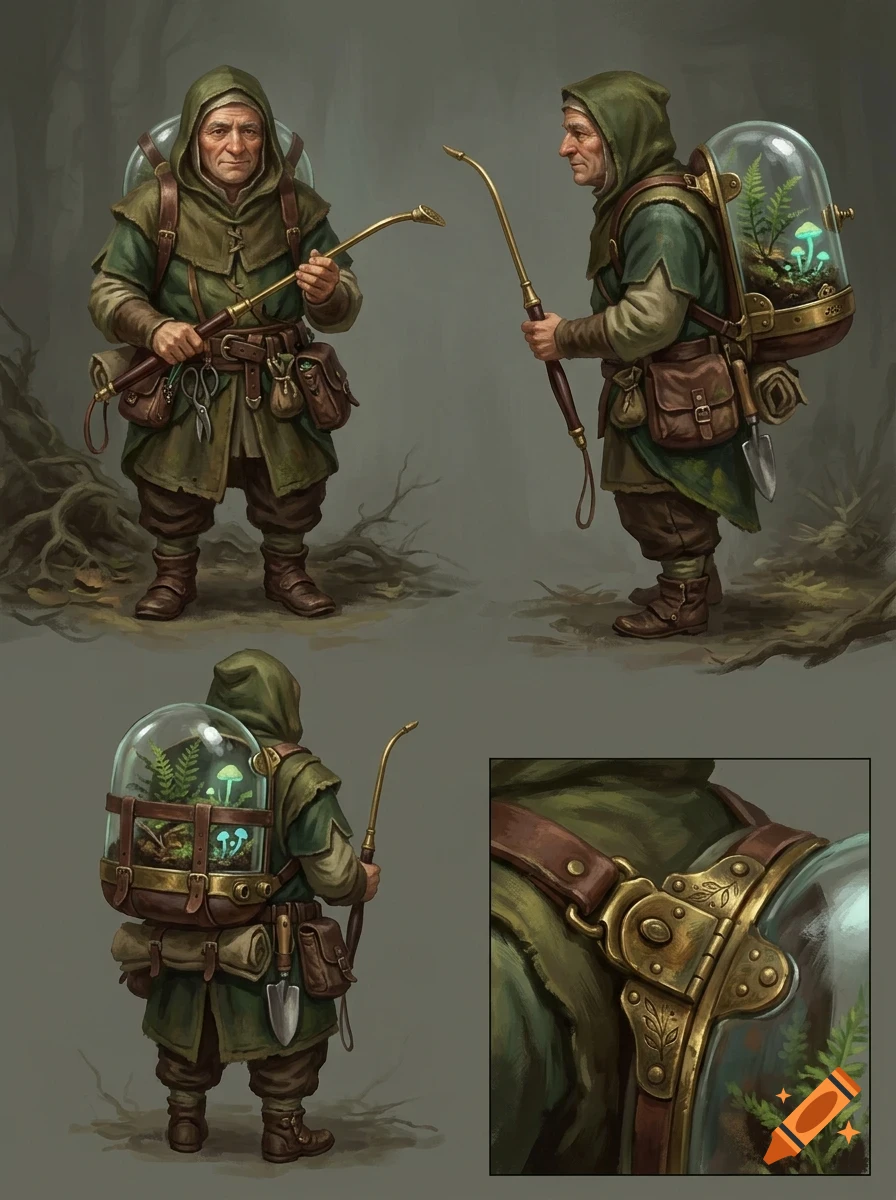 Concept art sheet showing a fantasy character in green robes with a glowing terrarium backpack from multiple angles.
