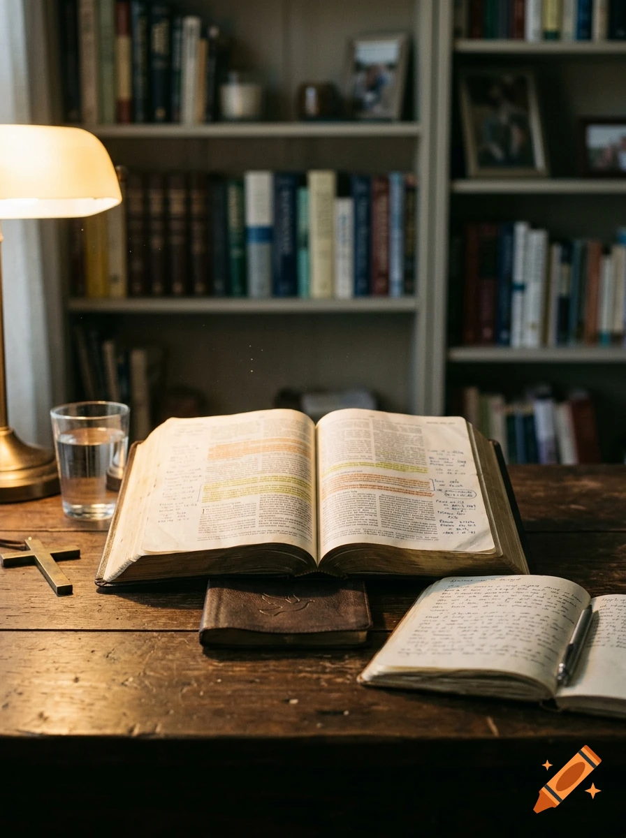 An open study Bible with handwritten notes, highlighter marks, a glass of water, a cross, and a notebook on a wooden desk.