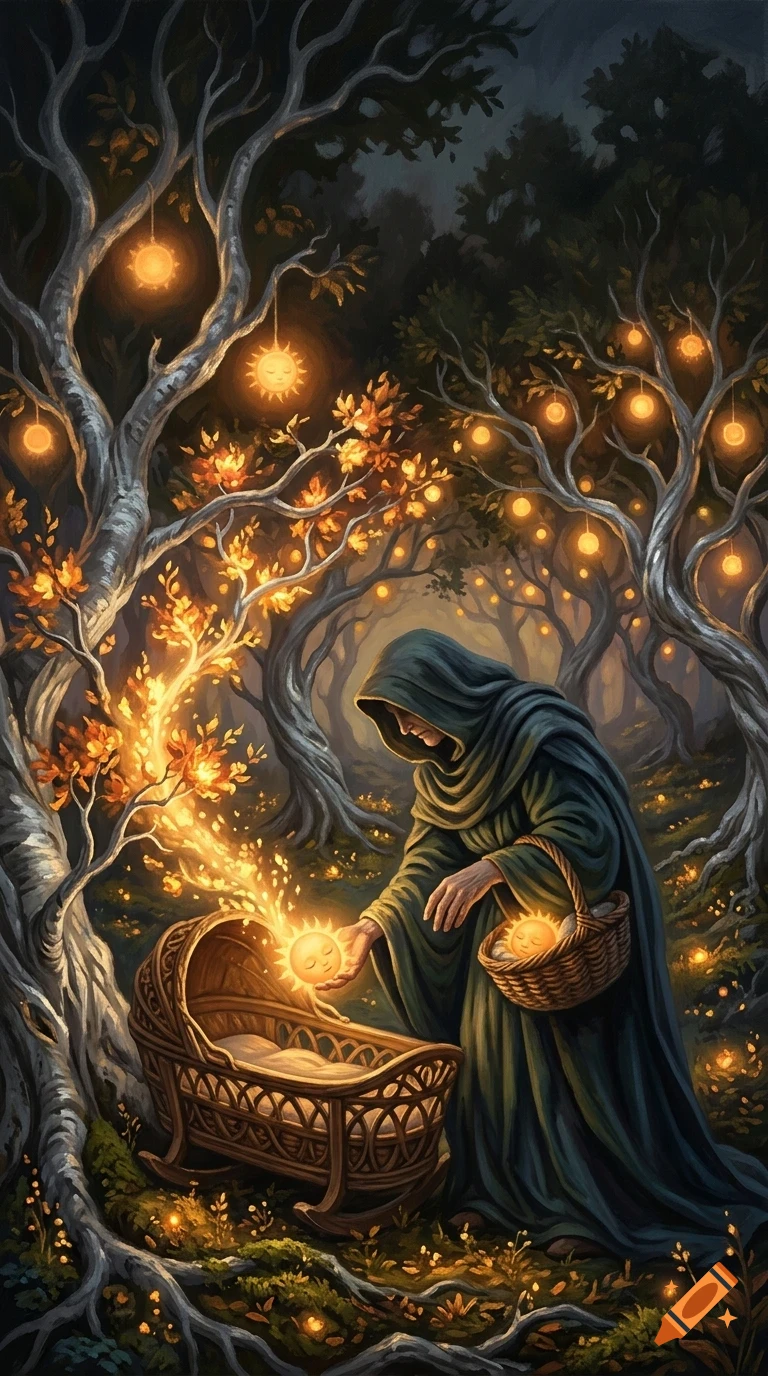 A hooded figure in a dark forest holding a glowing sun-like orb over a crib while carrying a basket.