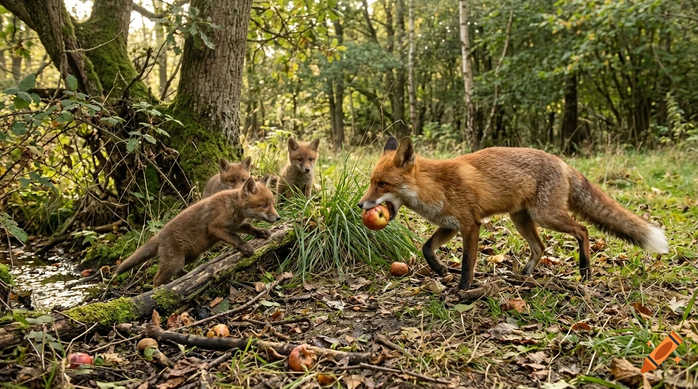 An adult fox holding an apple in its mouth walks towards three kits in a sunlit forest.