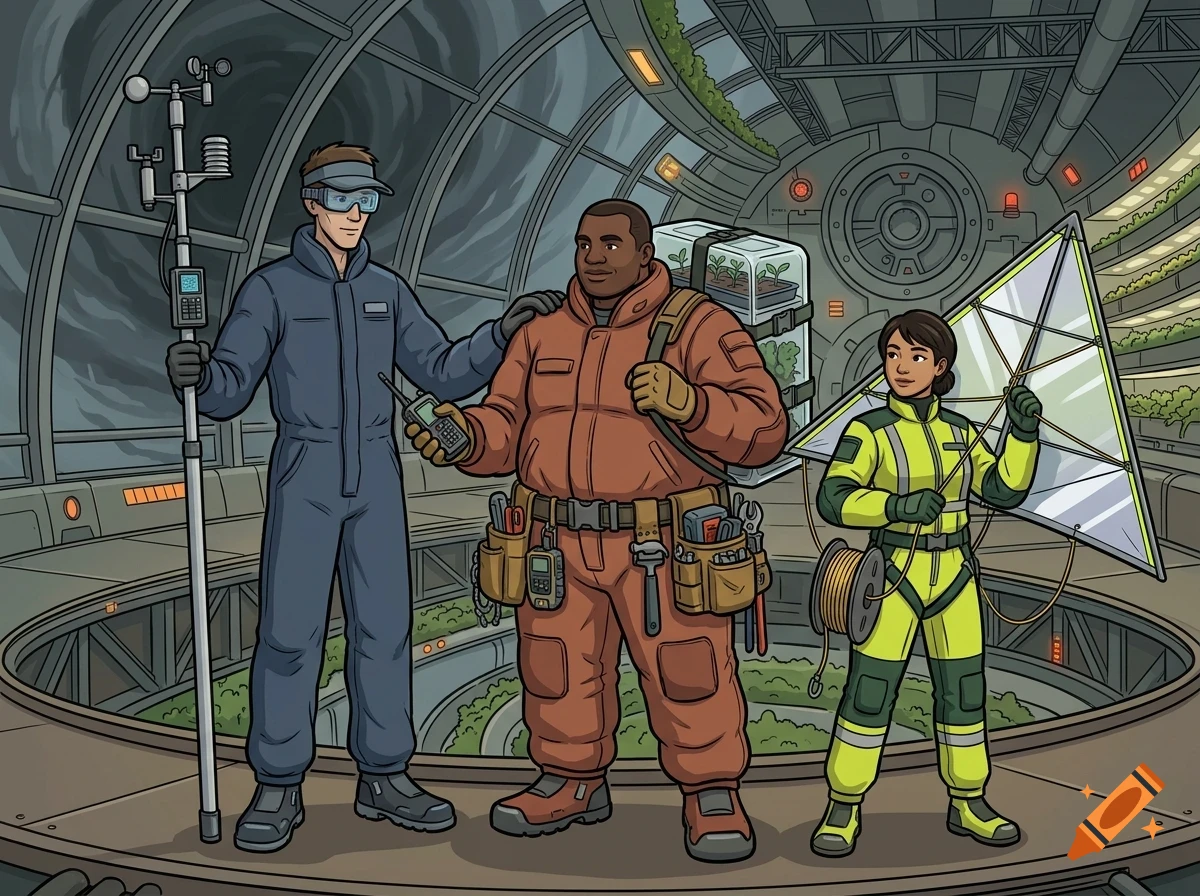 Three astronauts in futuristic jumpsuits stand inside a spacecraft or habitat overlooking a storm.