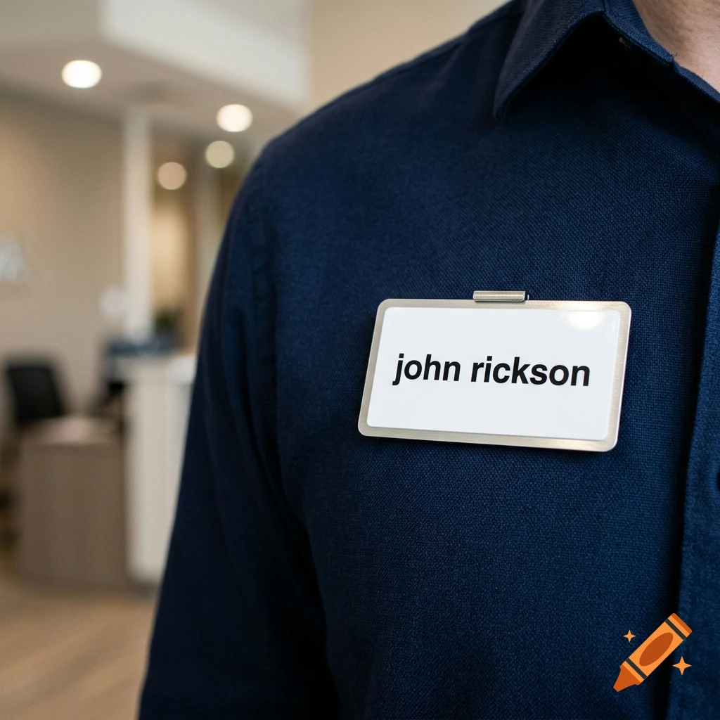 Close-up of a person wearing a dark blue collared shirt with a name tag reading 'john rickson'.