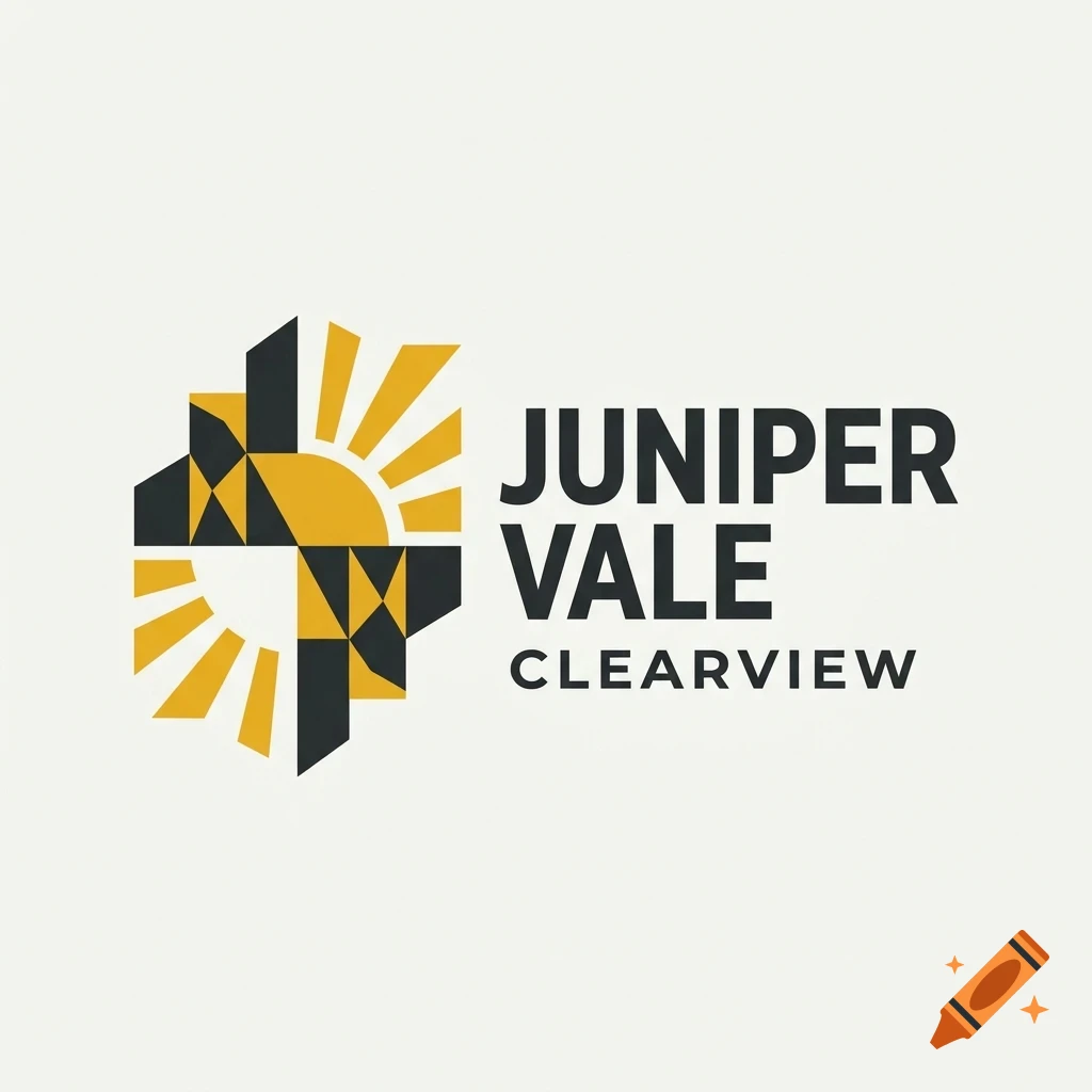 A logo featuring geometric shapes, a sunburst symbol, and the text 'JUNIPER VALE CLEARVIEW'.