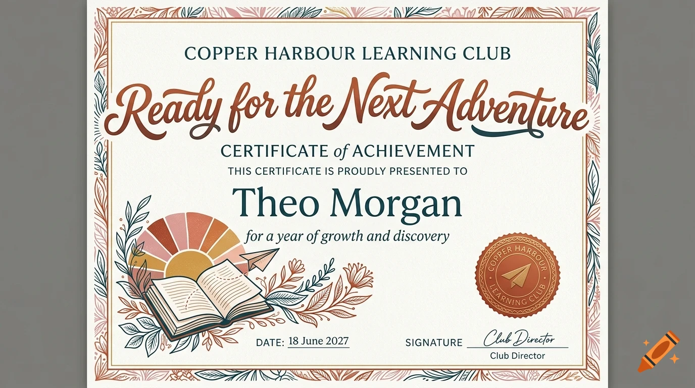 A certificate of achievement from Copper Harbour Learning Club, featuring botanical illustrations, an open book, and a sun design.