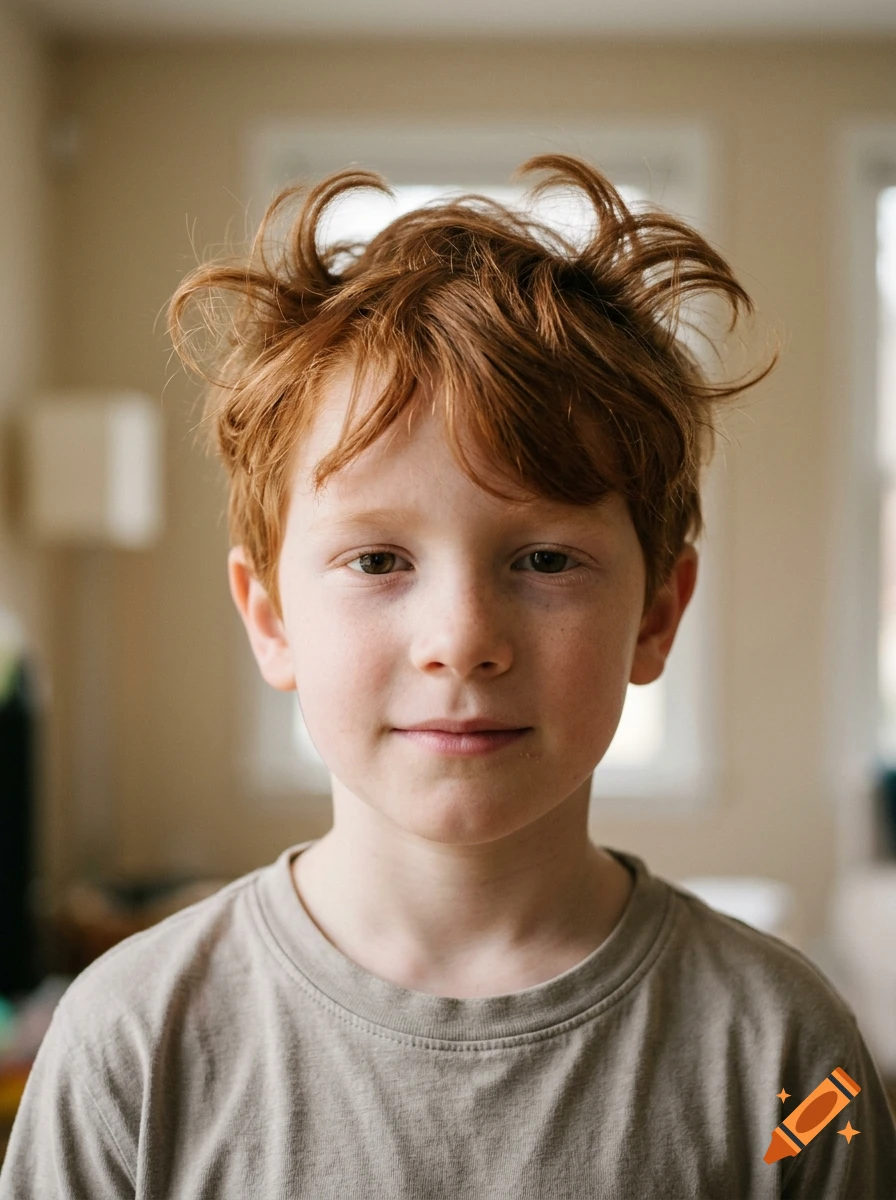 Portrait of a young ginger boy with messy hair and cowlicks, wearing a gray t-shirt.