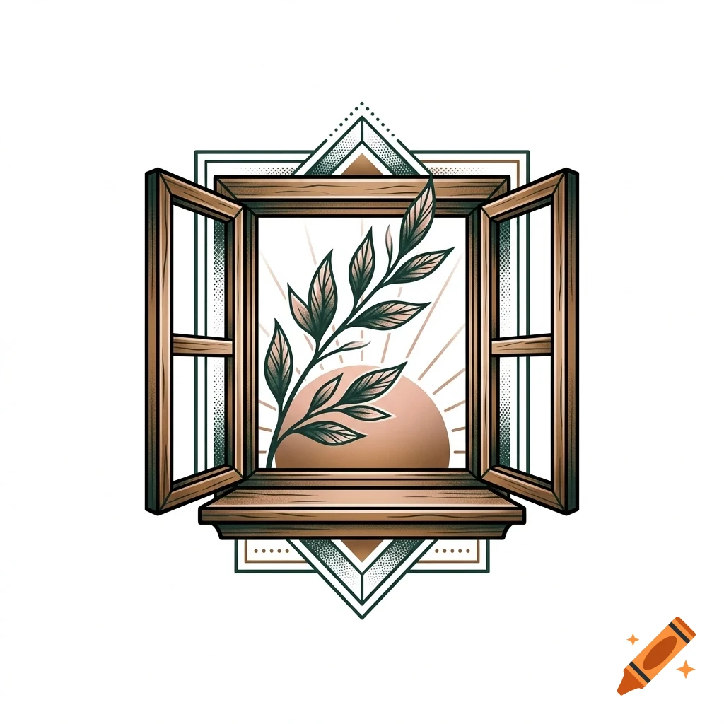An open wooden window framing a leafy branch against a setting sun, set against geometric diamond patterns.
