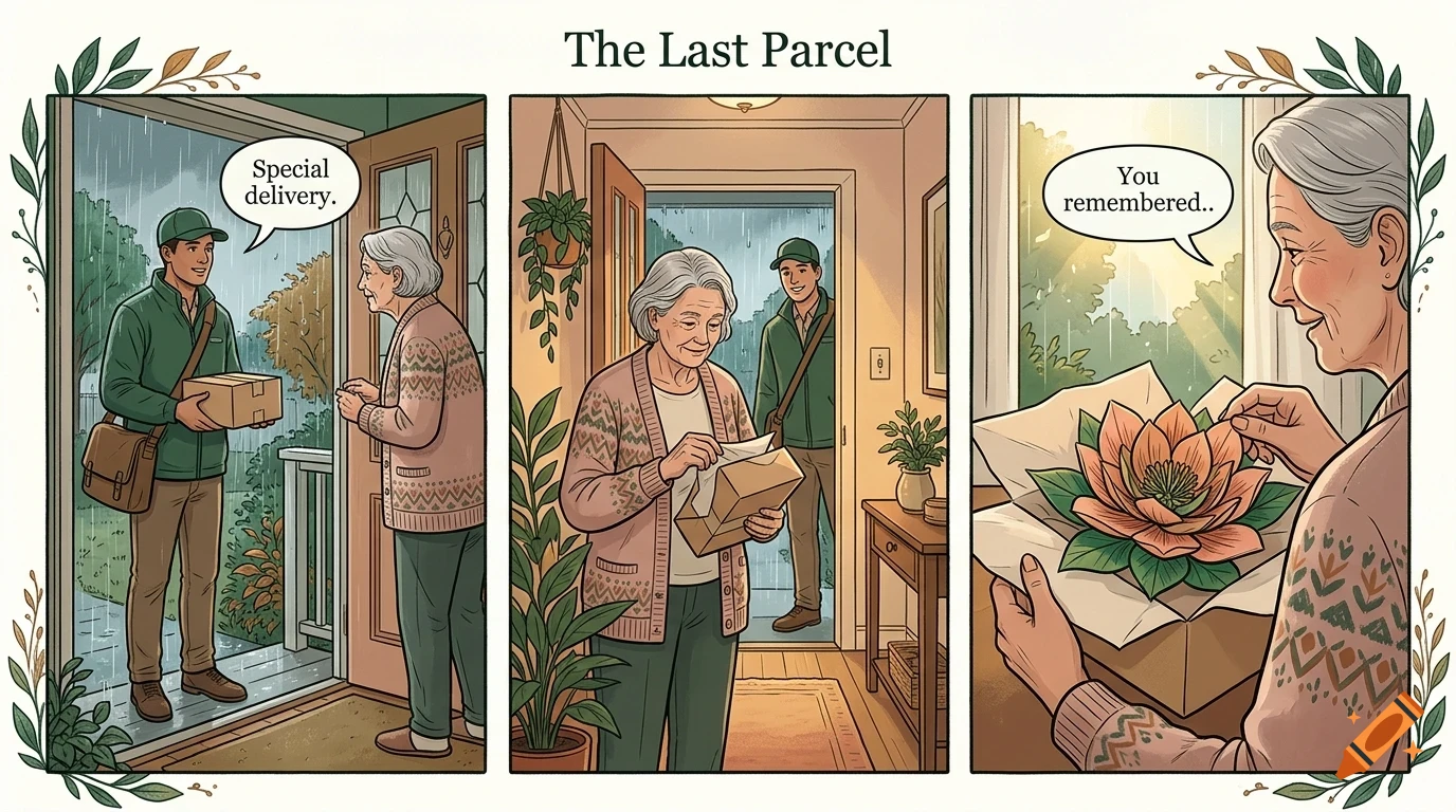 A three-panel comic strip titled The Last Parcel showing a delivery worker bringing a package to an elderly woman's home.