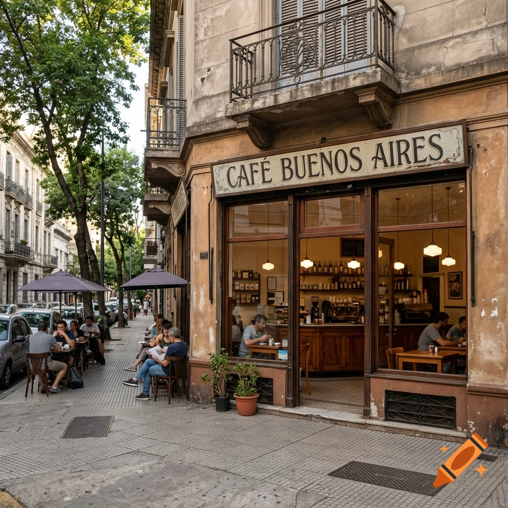 Photorealistic street view of a corner cafe named 'Café Buenos Aires' with outdoor seating and pedestrians.