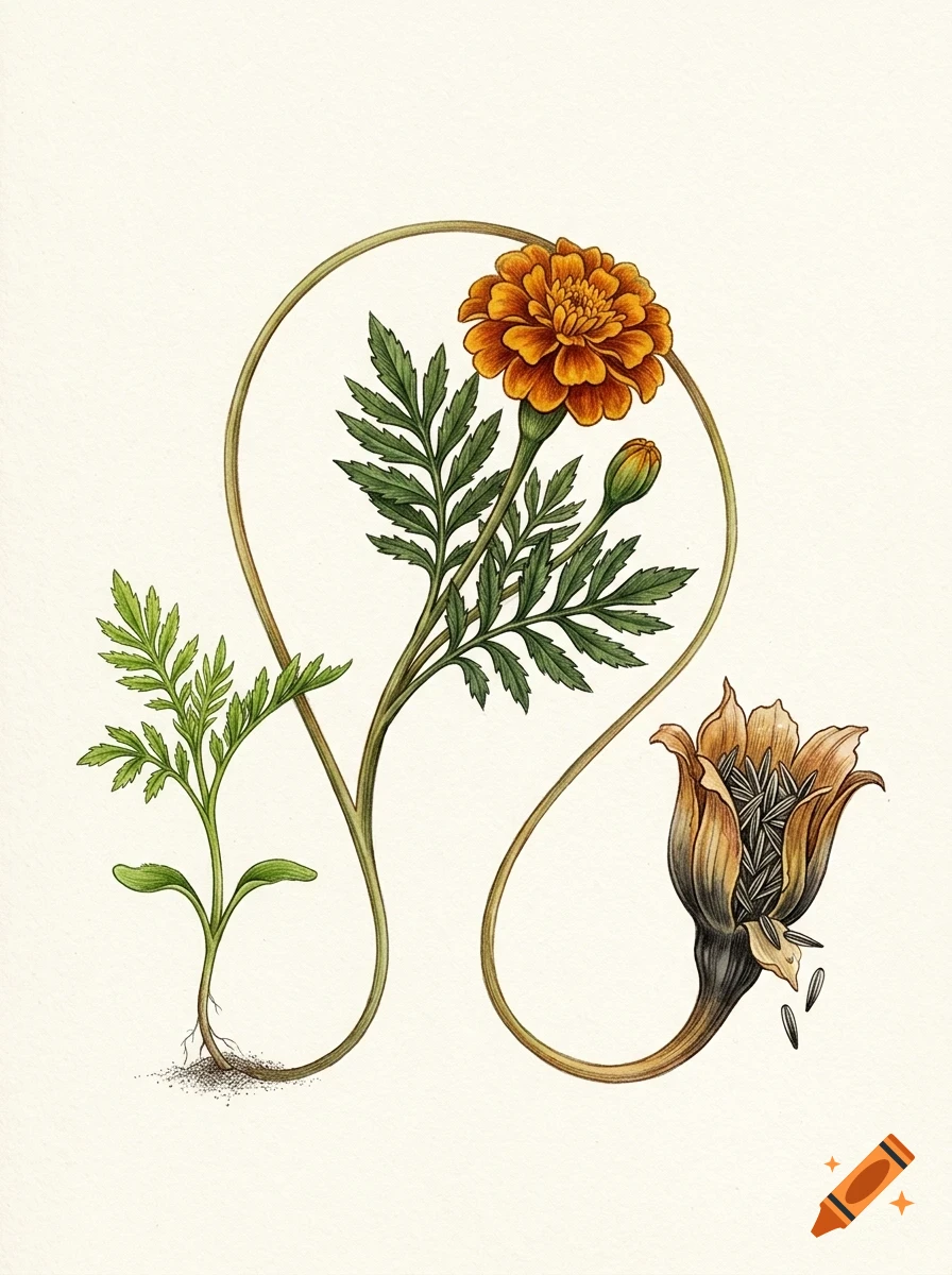 Botanical illustration of a marigold plant showing roots, stem, leaves, an orange blossom, a bud, and a seed pod spilling seeds.