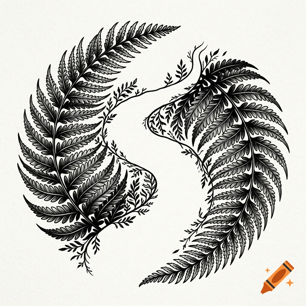 Black and white ink illustration of fern fronds forming a circular shape.