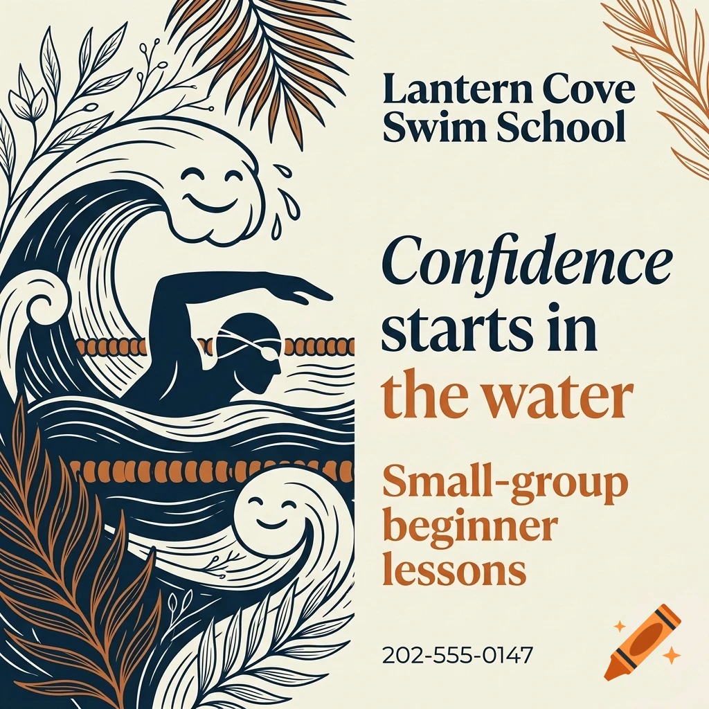 An advertisement for Lantern Cove Swim School featuring a swimmer in a pool with stylized waves and tropical leaves.