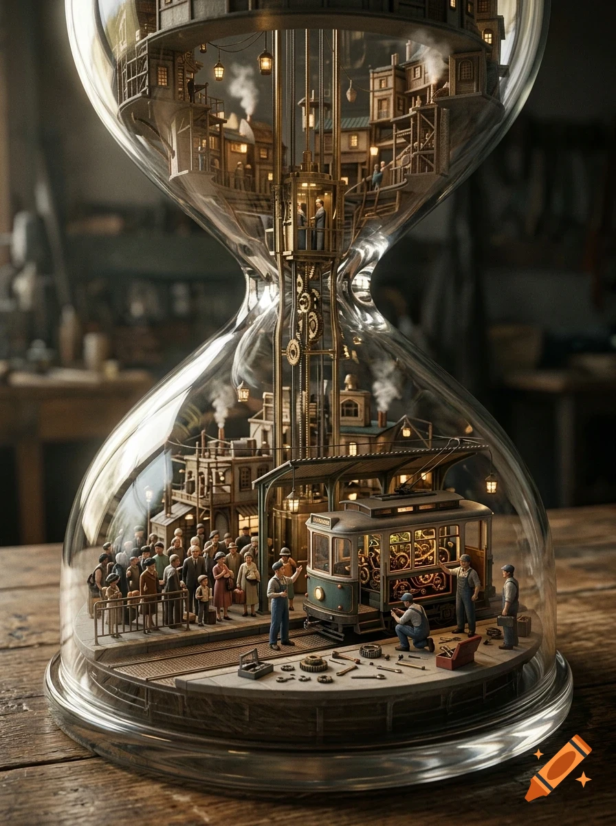 An intricate diorama inside a large glass hourglass, featuring a miniature Victorian-style city with a tram station, working people, and an elevator shaft.