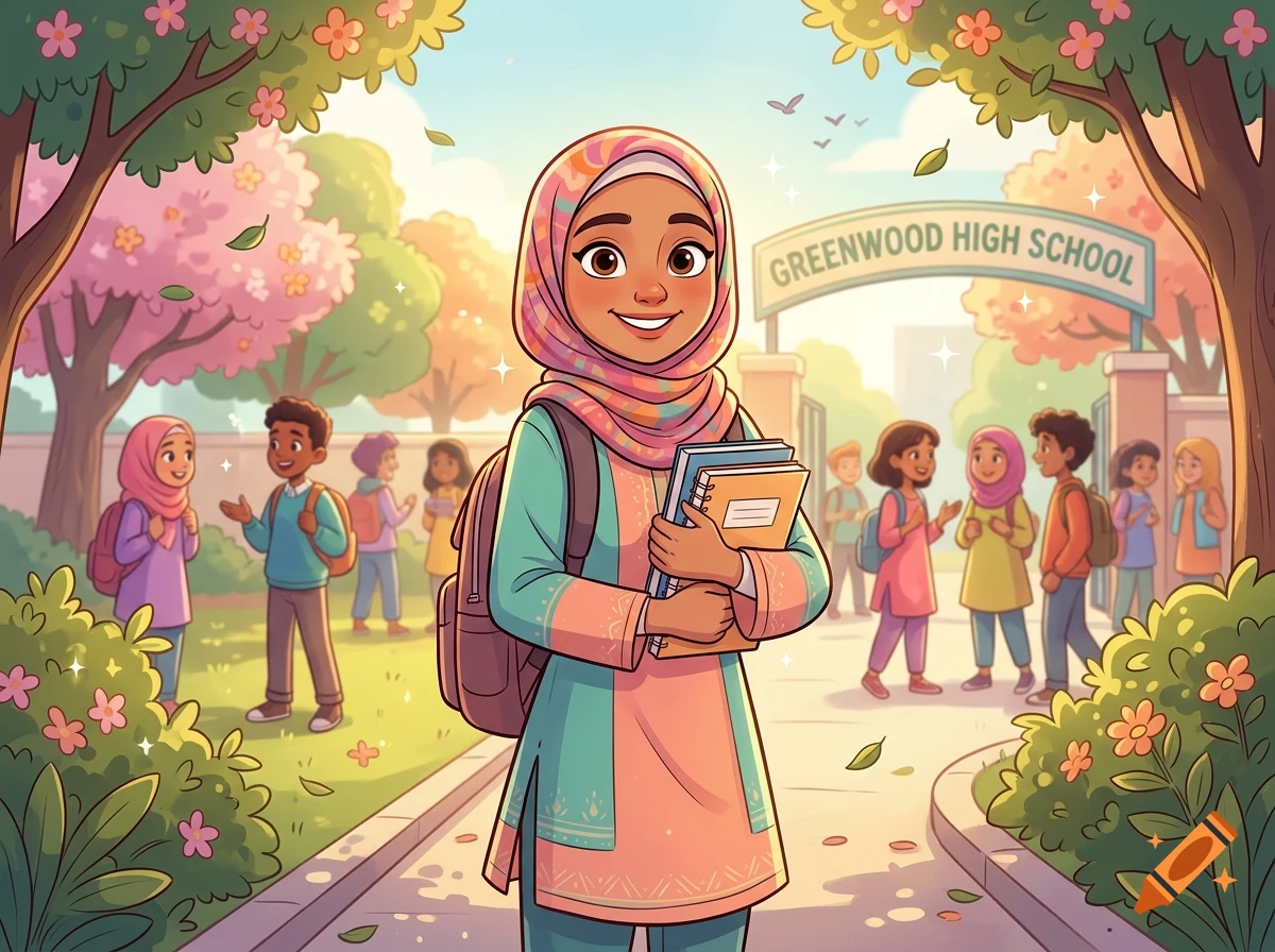 Cartoon illustration of a smiling 15-year-old Indian Muslim girl with a hijab and books outside a school.