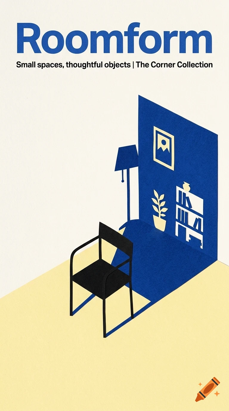 A minimal graphic poster showing an isometric corner of a room with a black chair and a blue wall cutout featuring furniture silhouettes.