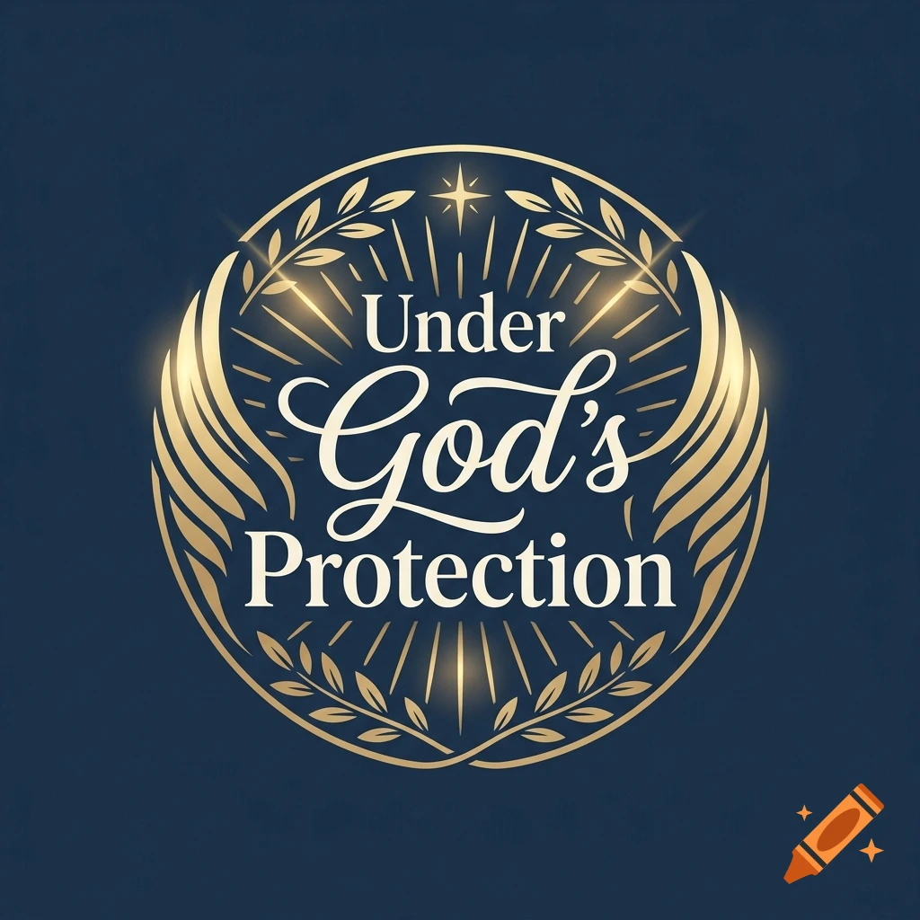 Circular gold logo featuring wings, laurel branches, and the text 'Under God's Protection' on a dark blue background.