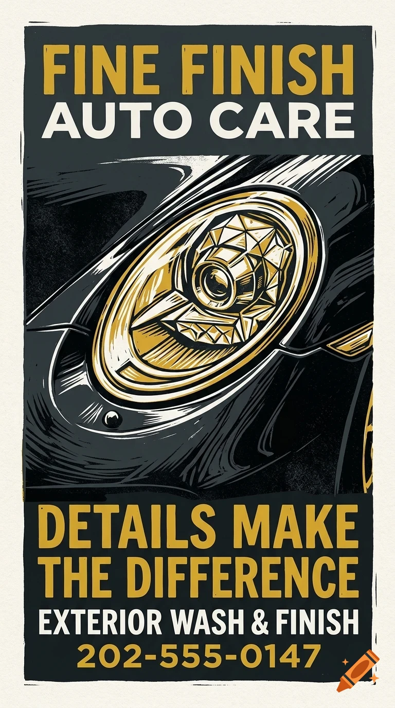 An illustration of a car headlight with text that reads Fine Finish Auto Care.