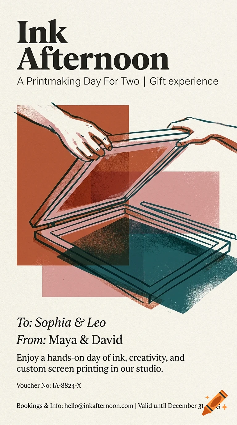 An illustration of two hands opening a screen printing frame, with abstract blocks of color and the text 'Ink Afternoon - A Printmaking Day For Two'.