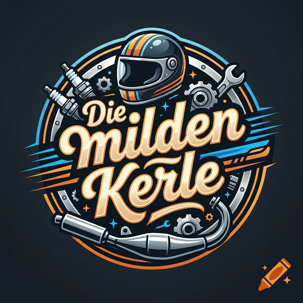 Round sticker-style logo with a helmet, exhaust, gears, and the text Die milden Kerle in cursive script.