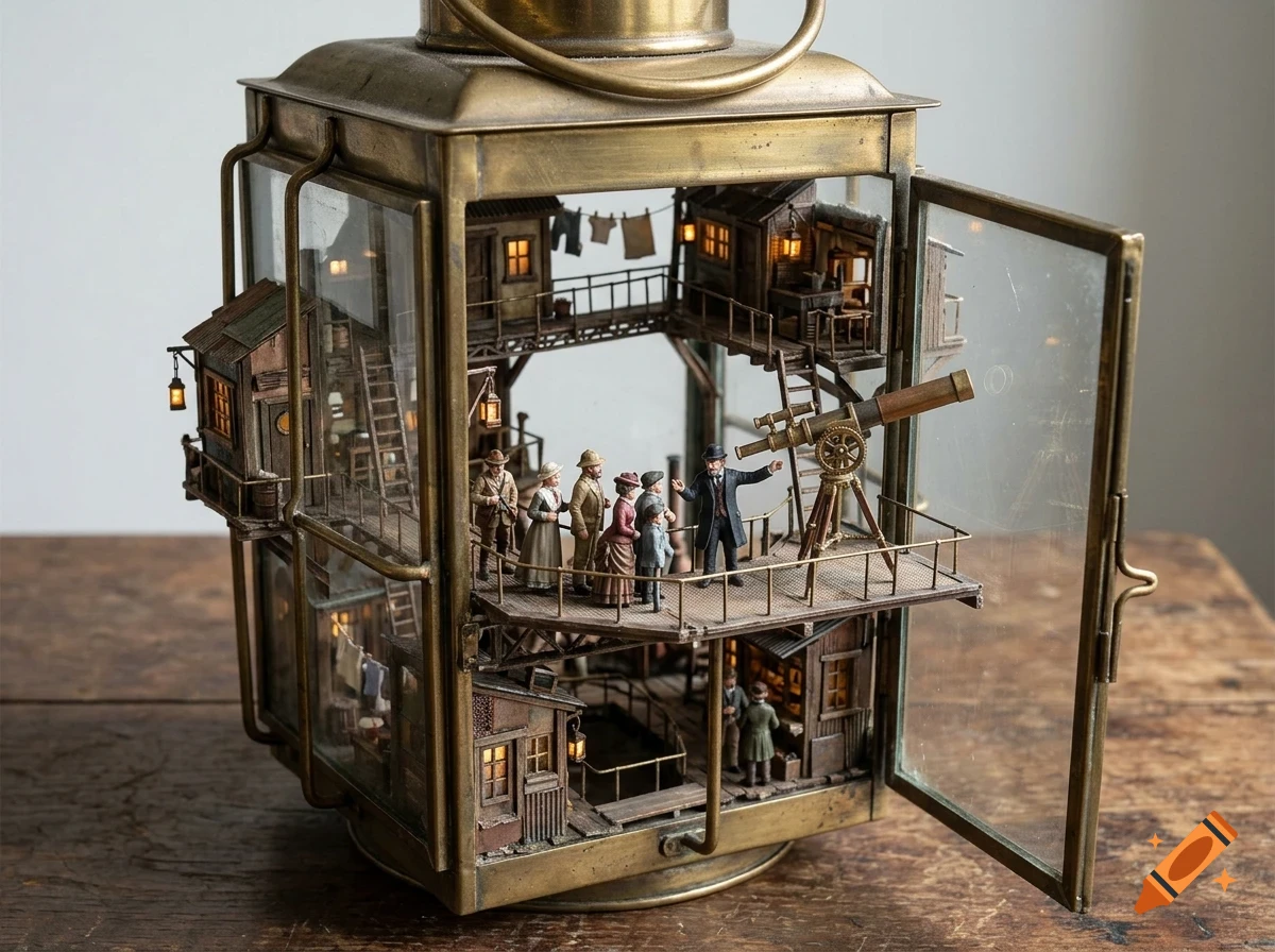 A detailed miniature world built inside a large brass lantern, featuring tiny houses, stairways, and figures observing a telescope.