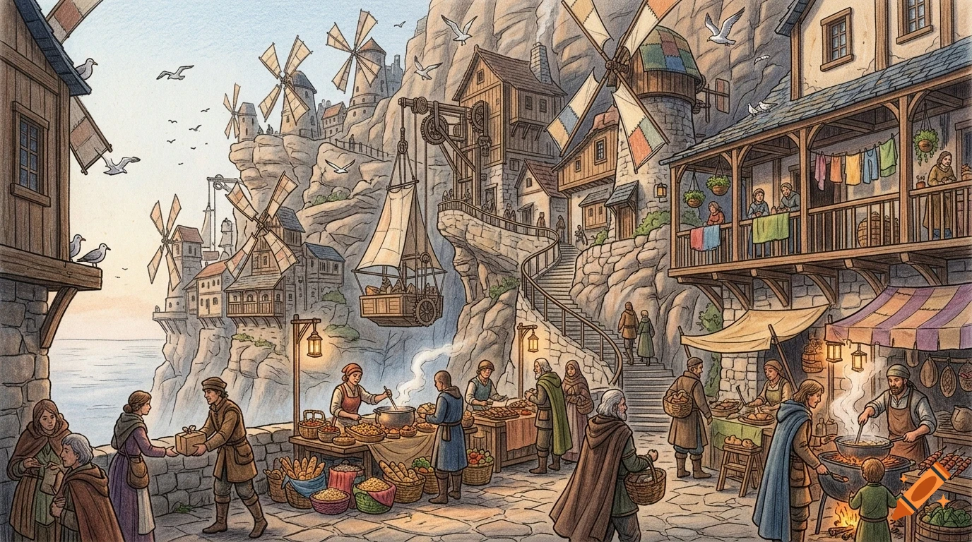 An illustrated coastal cliff village with windmills, suspended cargo boats, stone steps, and bustling market stalls with people cooking and shopping.