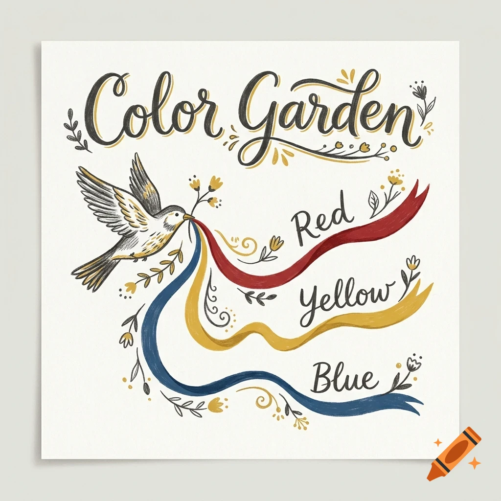 An illustration featuring a bird carrying red, yellow, and blue ribbons, accompanied by the text 'Color Garden' and color labels.