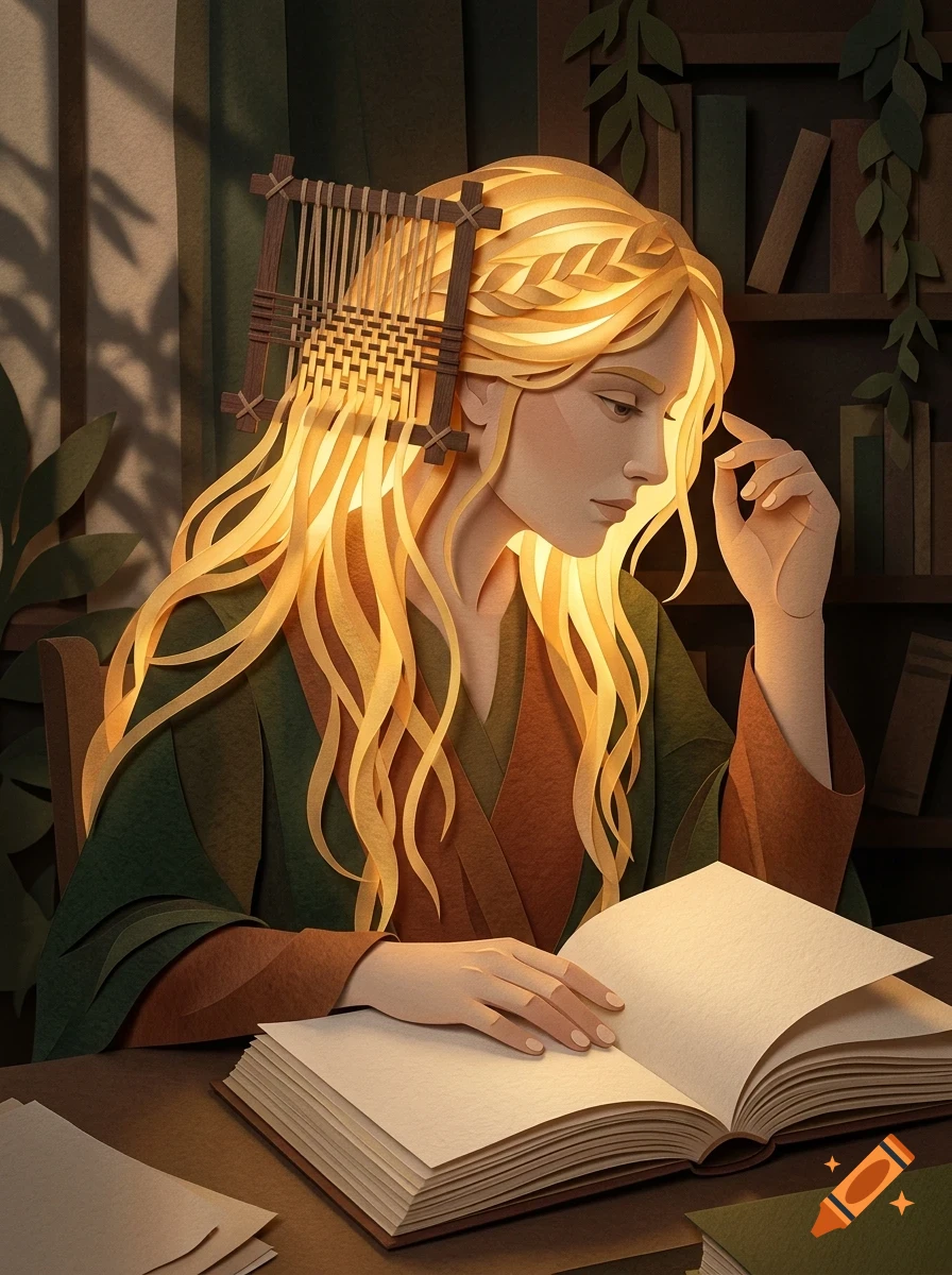 A paper-cut art style portrait of a blond woman reading a large open book at a desk with a small loom in her hair.
