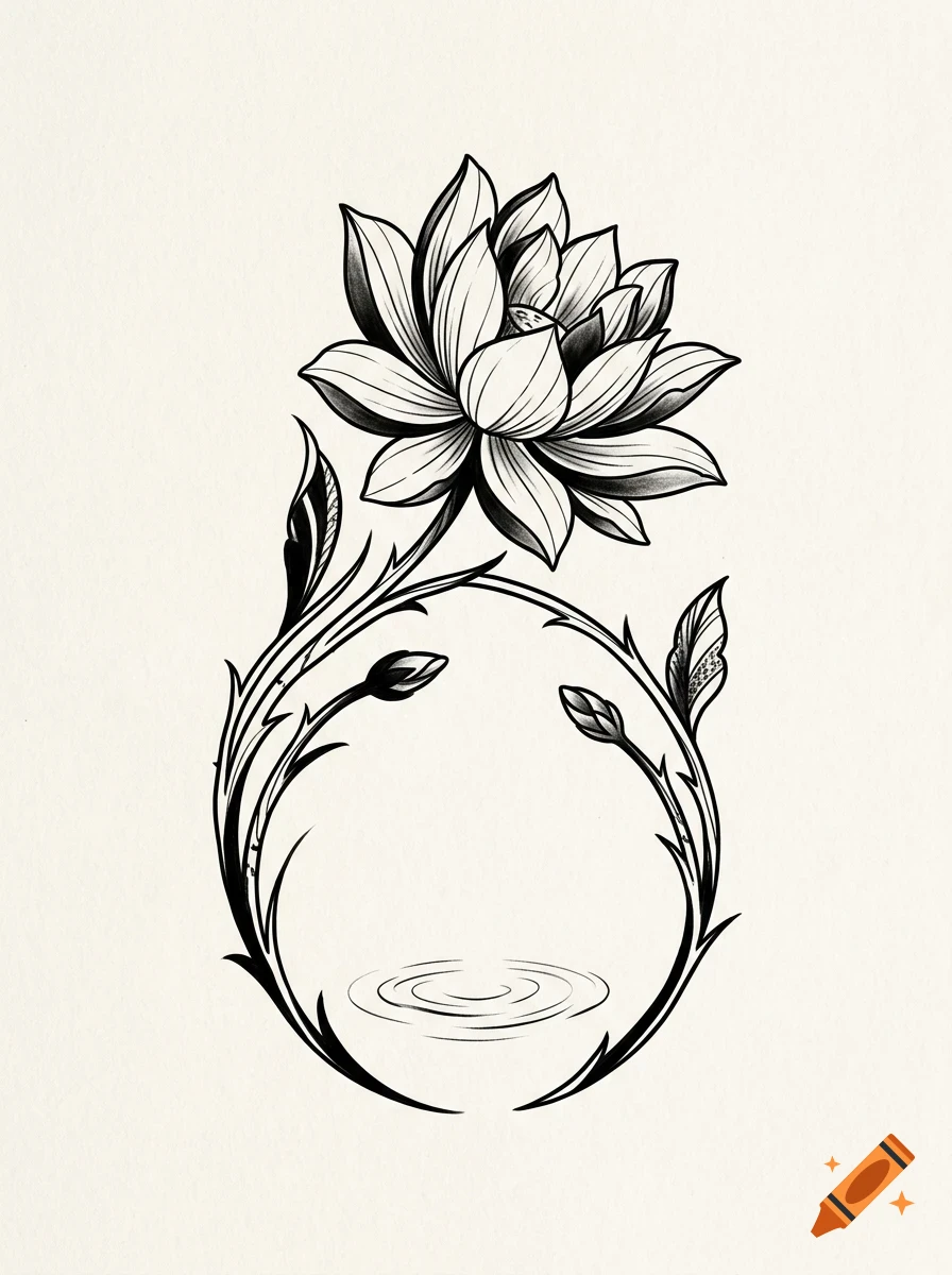Black and white ink drawing of a blooming lotus flower with stems curving into an oval frame enclosing water ripples.