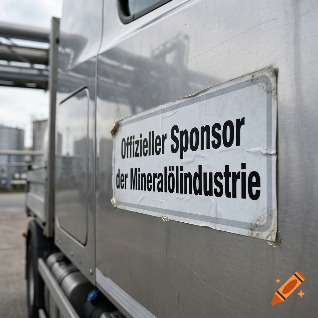 Close-up photograph of a sticker on the side of a metal truck reading Offizieller Sponsor der Mineralölindustrie.