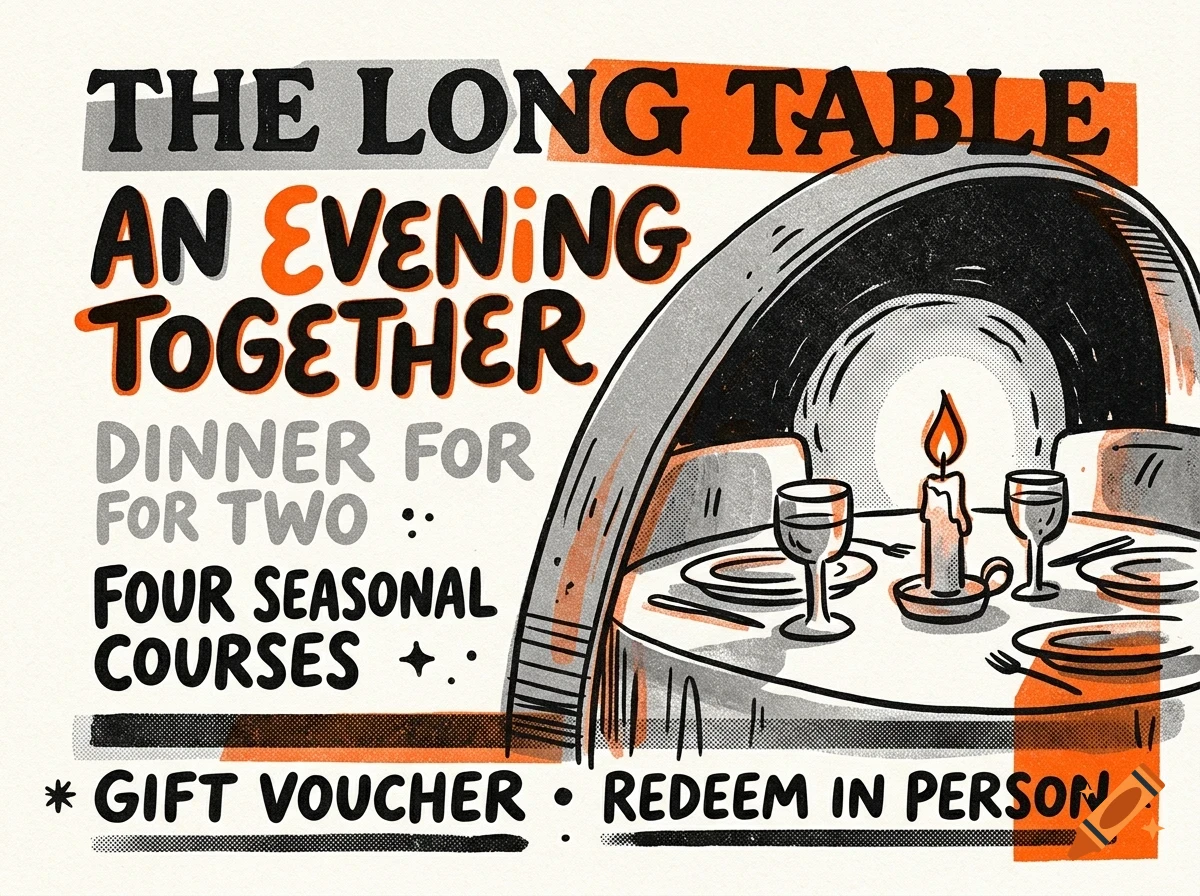 A poster with bold lettering reading THE LONG TABLE AN EVENING TOGETHER, featuring an illustration of a candlelit dinner table with glasses and plates.