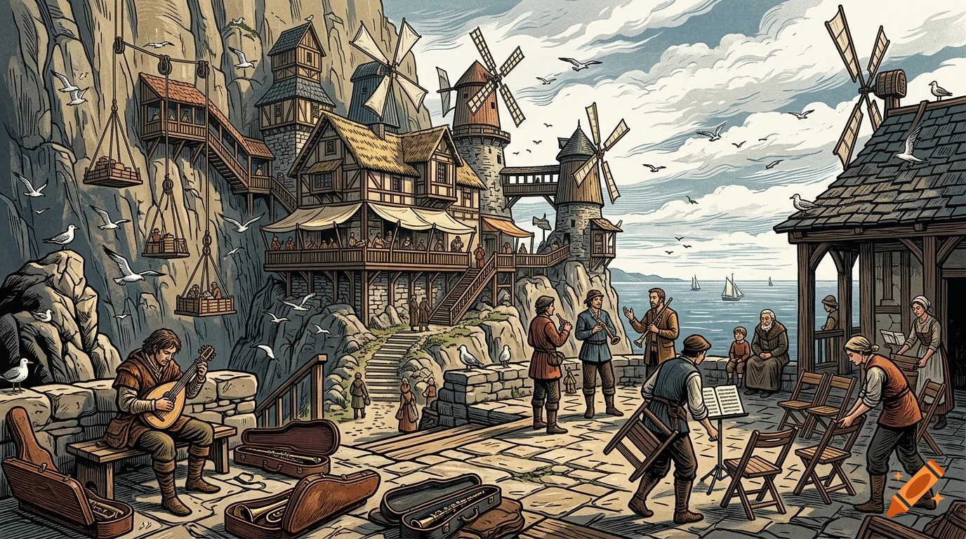 An illustrated coastal village scene featuring medieval-style buildings built into cliffs, windmills, people playing music and setting up chairs near the sea, and flying seagulls.