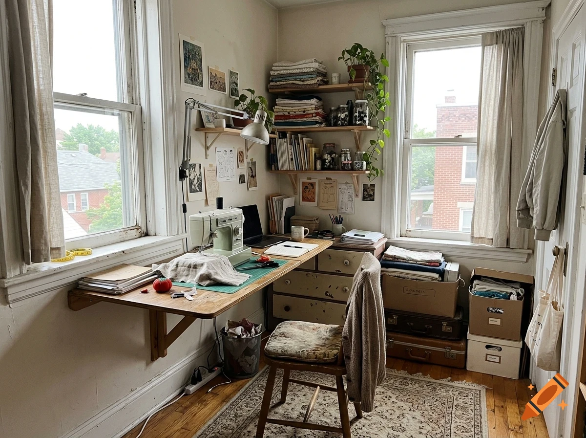 A cozy sewing and craft room with a corner wooden desk, a vintage sewing machine, shelves filled with fabrics and jars, and a chair.