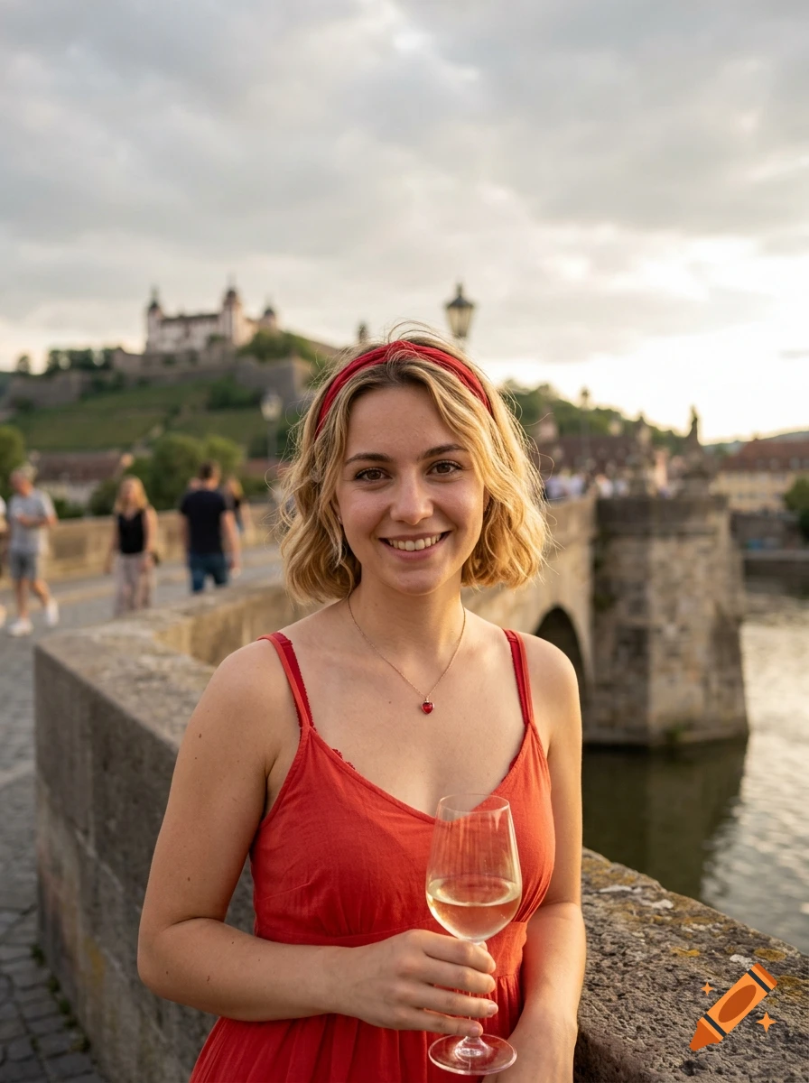 Photorealistic portrait of a young woman smiling, holding a glass of wine on a bridge in Würzburg with a castle in the background.