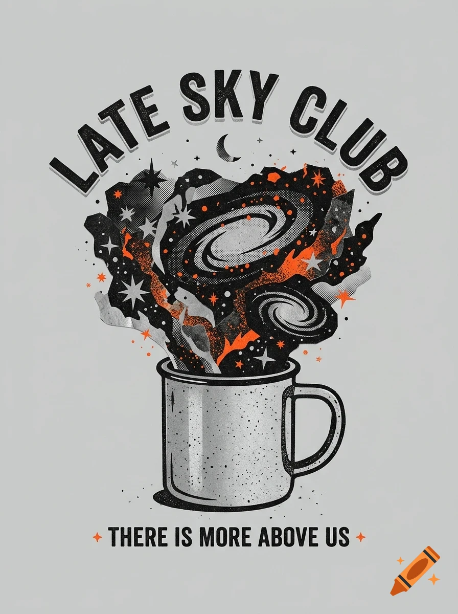 An illustrated camping mug with a galaxy, stars, and crescent moon erupting from it, accompanied by the text 'LATE SKY CLUB' and 'THERE IS MORE ABOVE US'.
