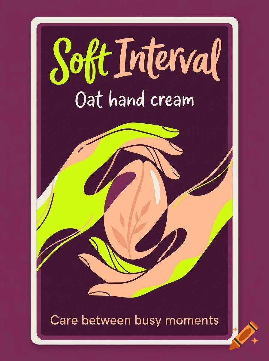 An illustration of hands holding an oat seed with the text Soft Interval Oat hand cream Care between busy moments.