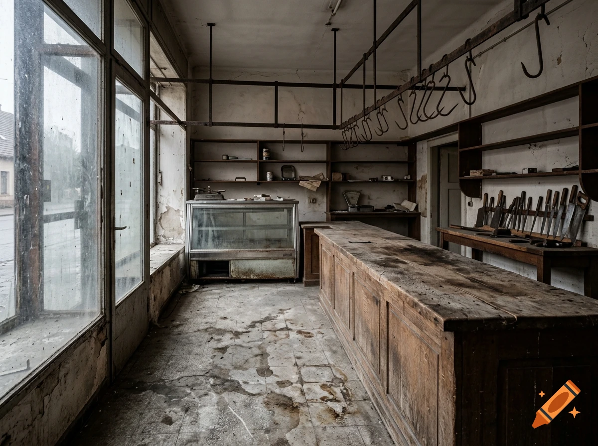 An abandoned butcher shop interior with a wooden counter, empty shelves, and hanging meat hooks.