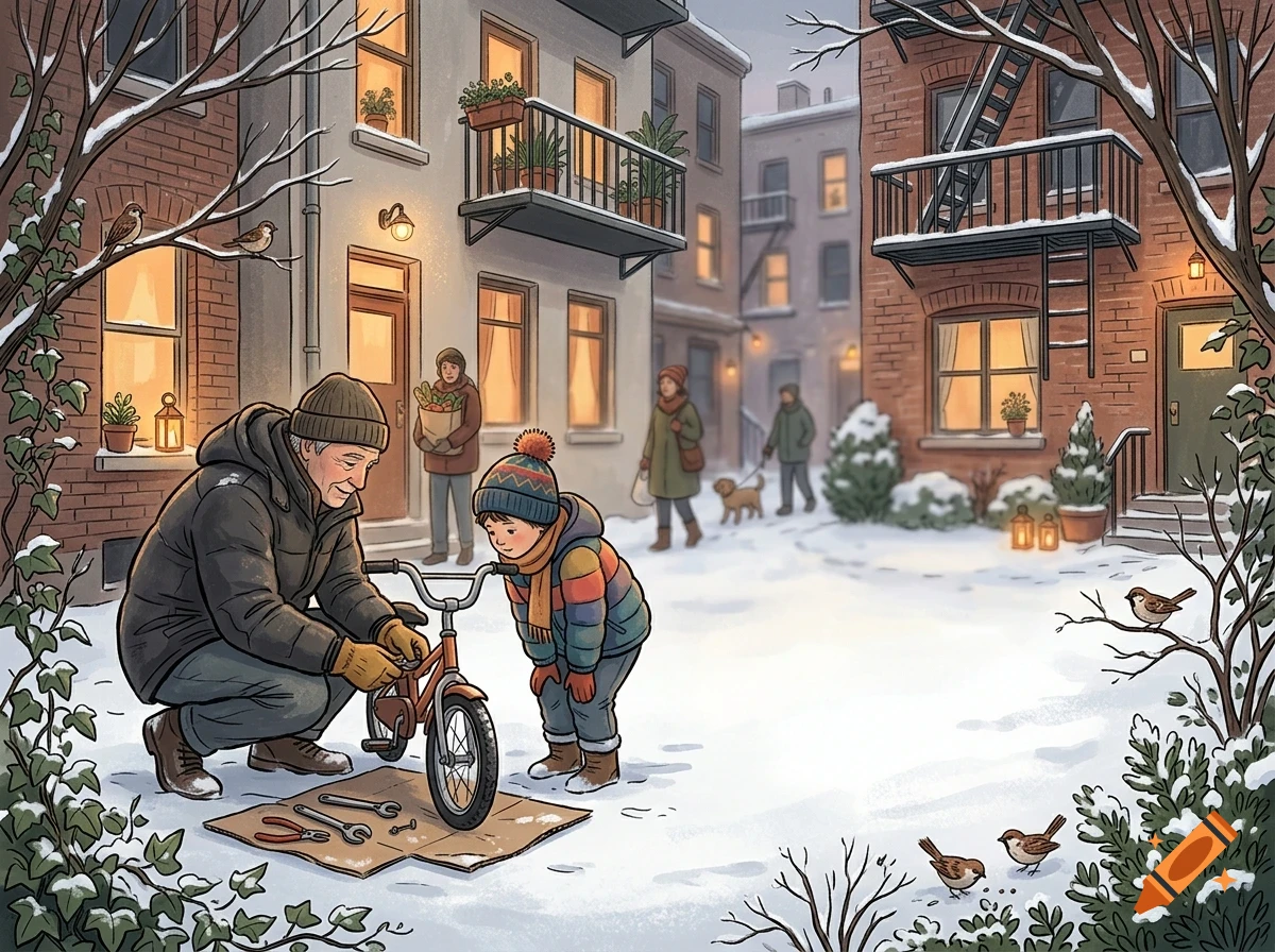 An elderly man helps a young boy fix a bicycle in a snowy city courtyard surrounded by brick buildings, with birds and neighbors nearby.