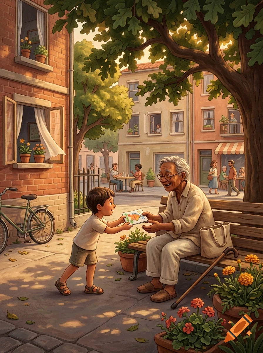 An elderly man sitting on a park bench smiling as a young boy hands him a drawing on a sunny city street.