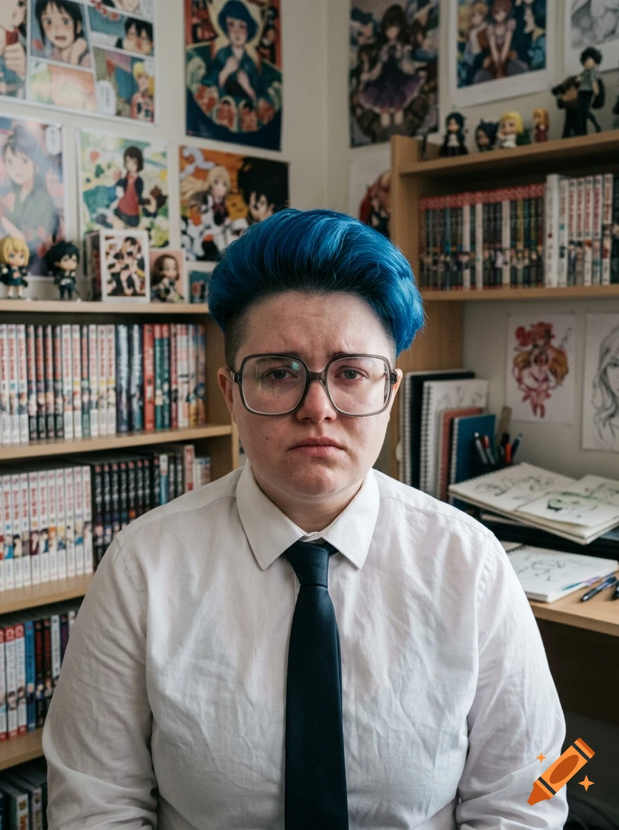 Photorealistic portrait of a non-binary person with blue hair, glasses, and a white shirt with a tie in a manga-filled room.