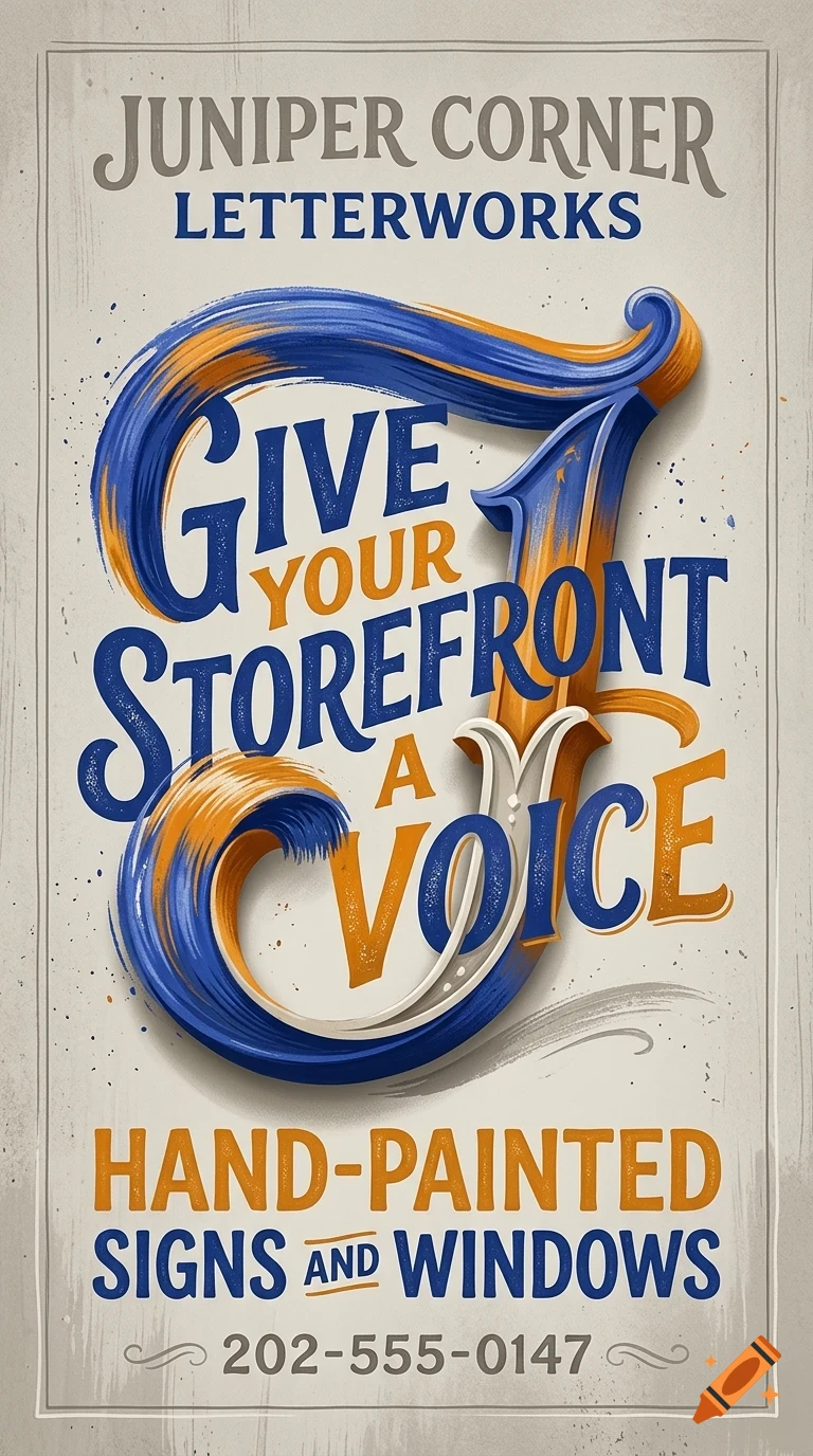 An advertisement for Juniper Corner Letterworks featuring stylized blue, orange, and white hand-painted lettering with the text Give your storefront a voice.