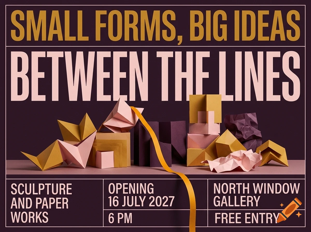 An exhibition poster titled Small Forms, Big Ideas and Between the Lines featuring folded paper sculptures against a dark background.