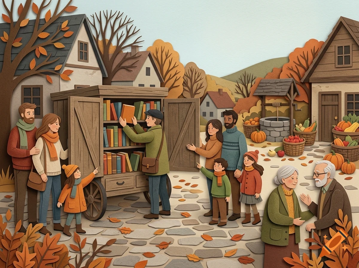 A papercraft style illustration showing people gathered around a mobile library cart in a village square during autumn.