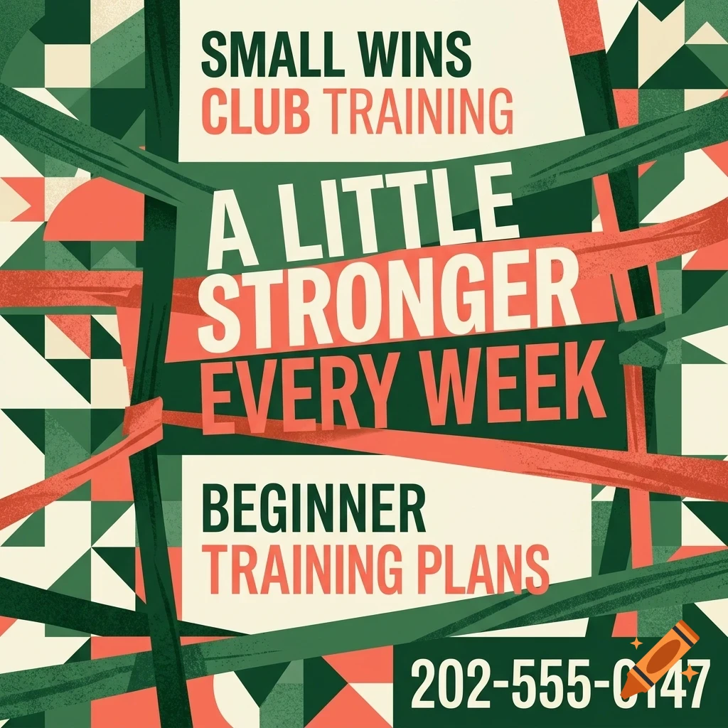 A poster with geometric patterns in green, red, and cream, featuring text about small wins club training and a phone number.